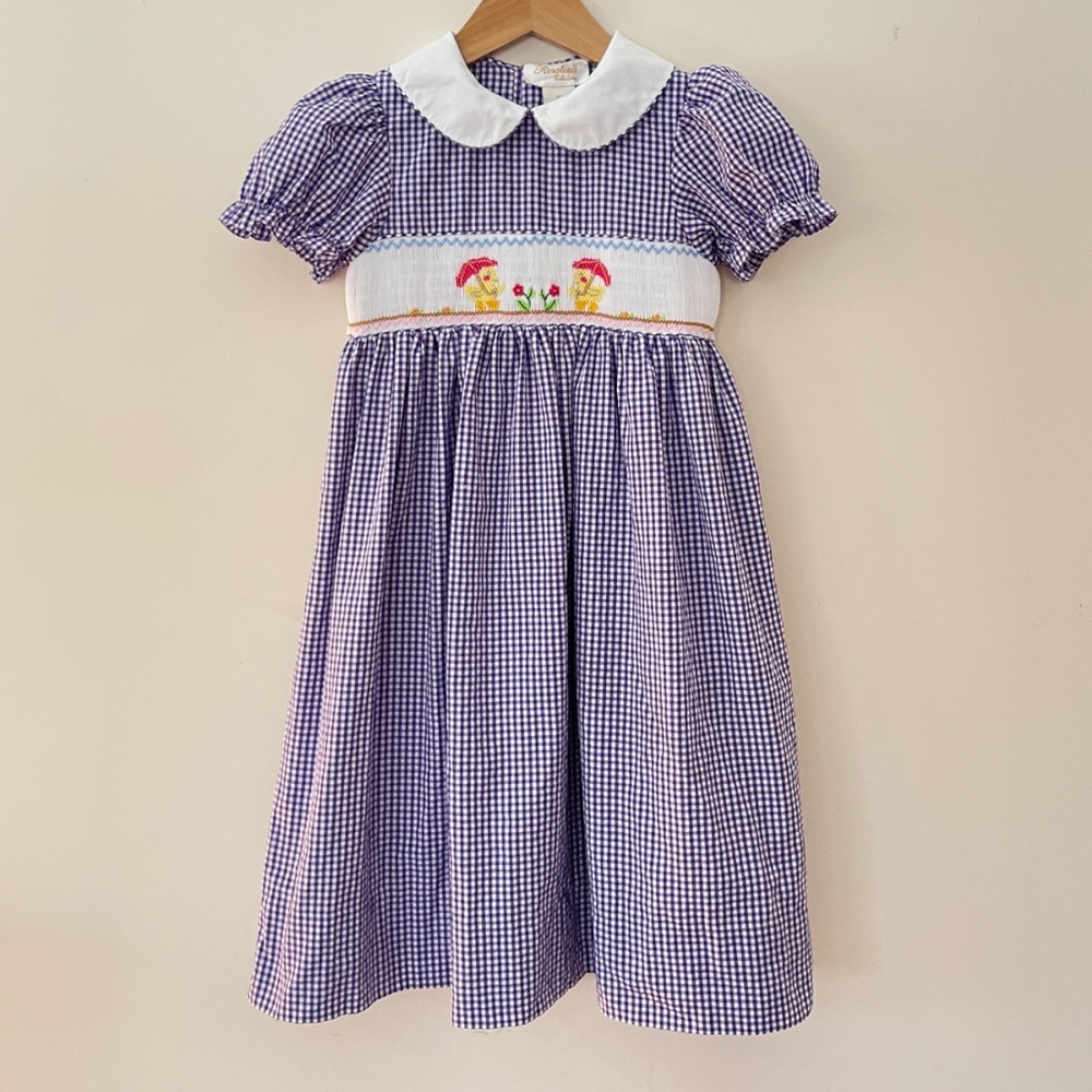 ROSALINA COLLECTION EUC Hand Smocked Ducks w/ Umbrellas Gingham Dress